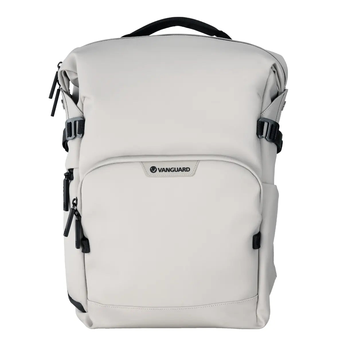 White backpack with black straps on a white background