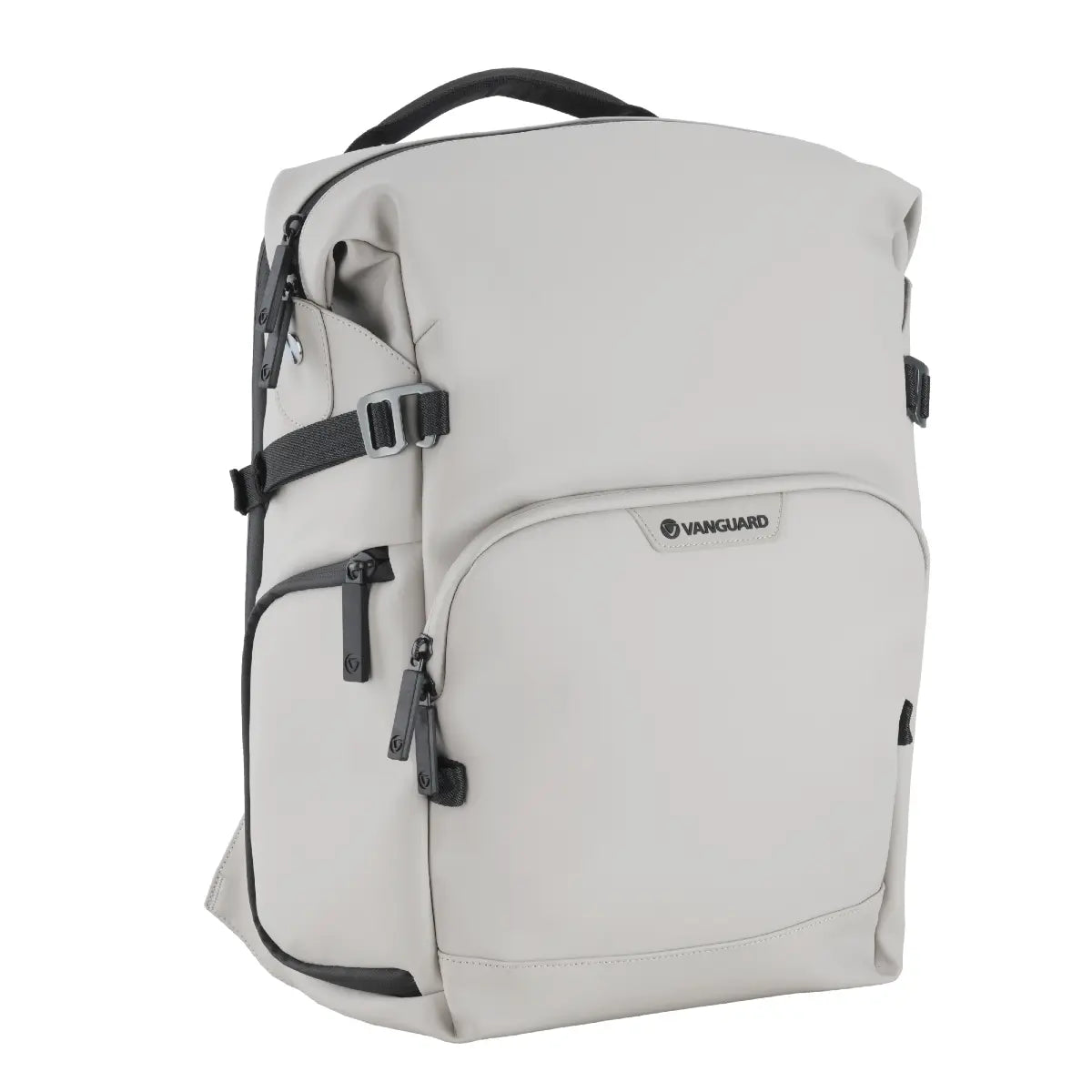 Light gray backpack with black accents on a white background