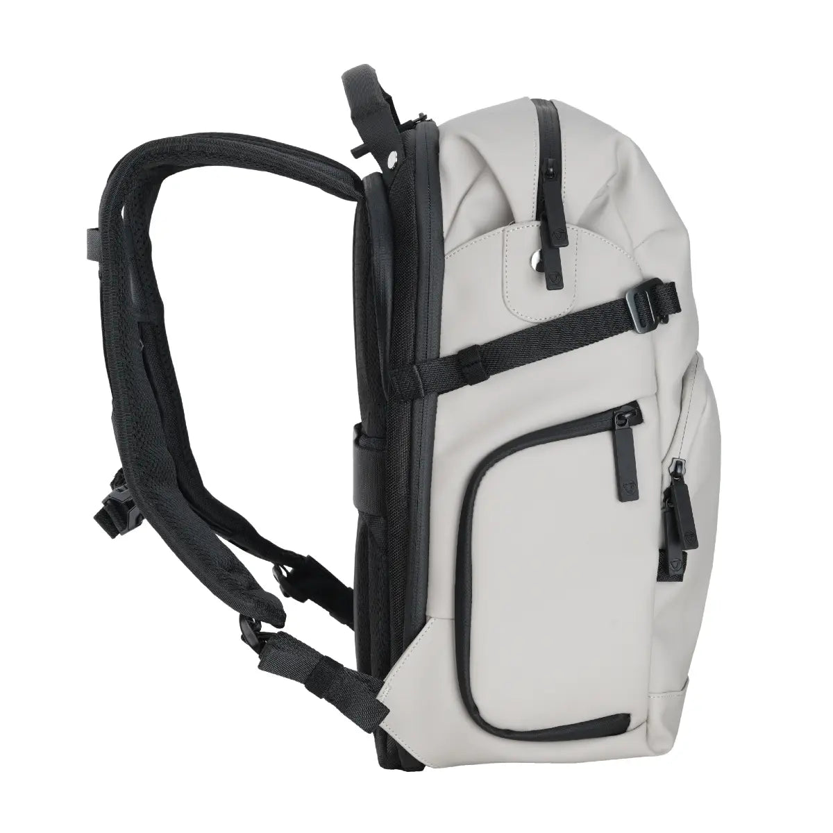 White backpack with black straps and accents on a white background