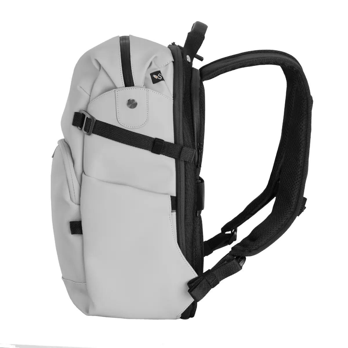 Gray backpack with black straps on a white background