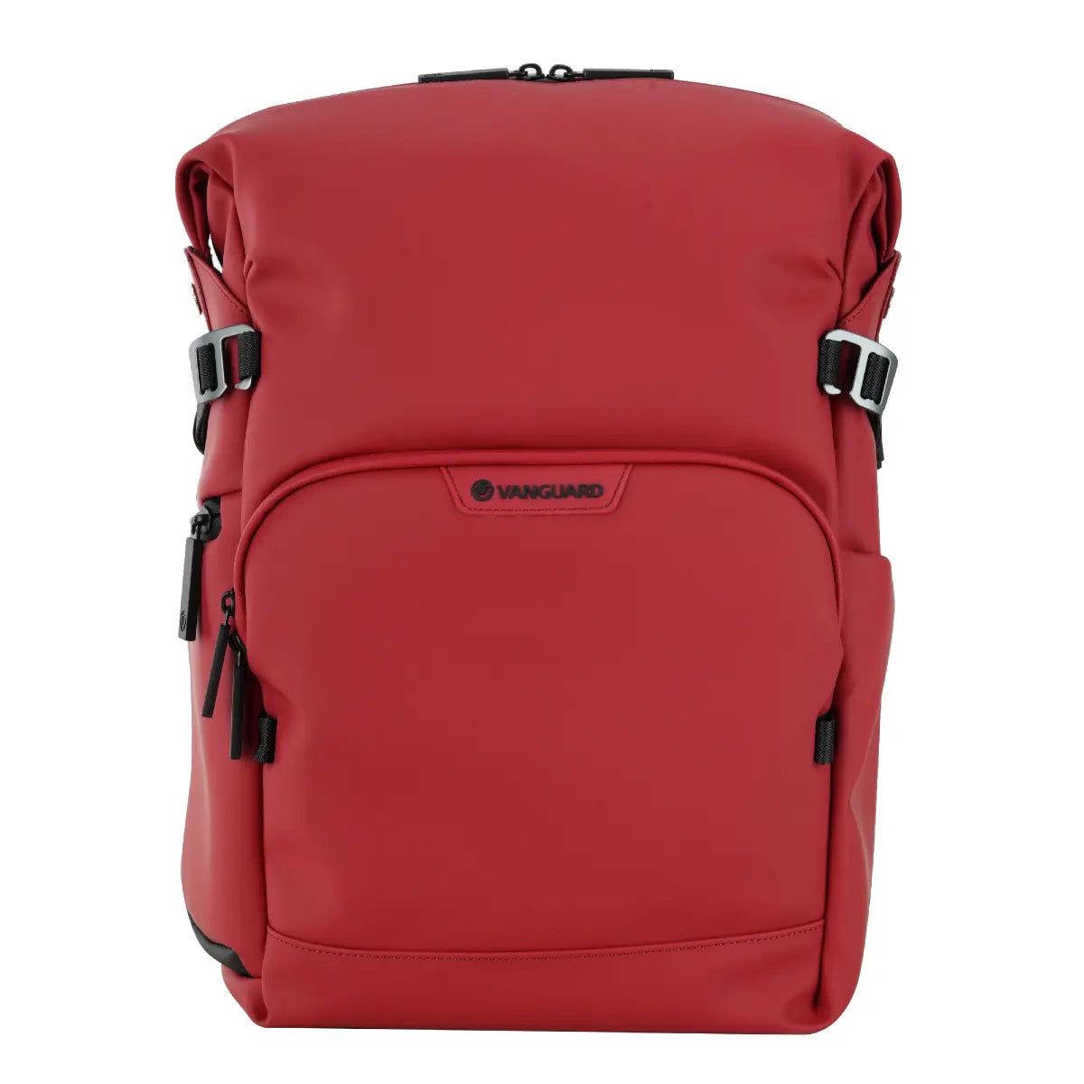 Red backpack with a visible brand logo on a white background