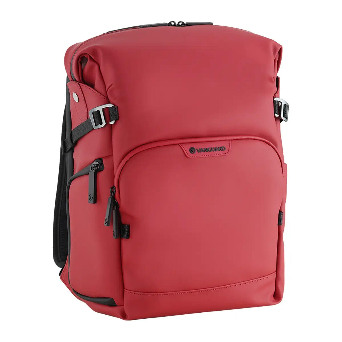 Red backpack with black straps on a white background