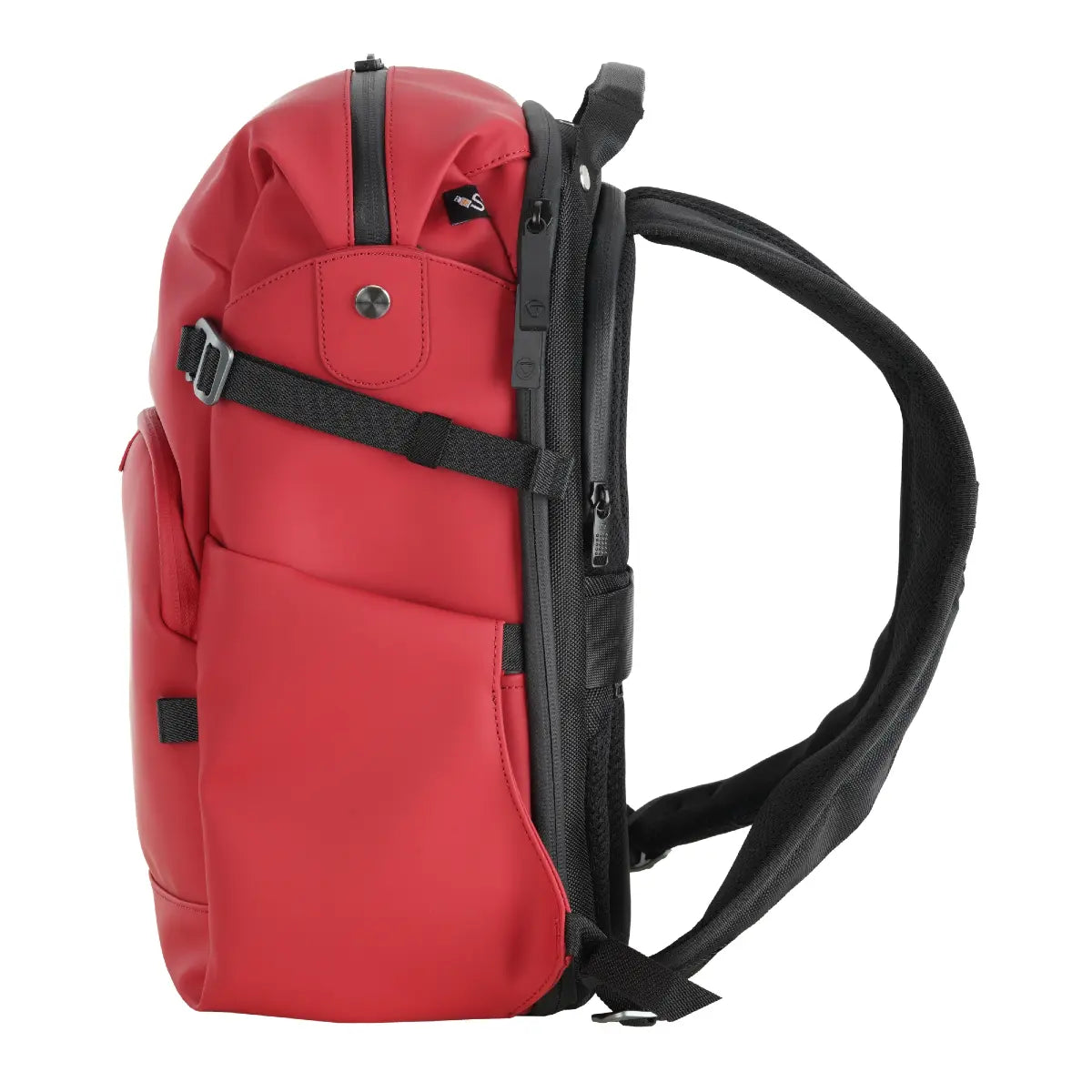 Red backpack with black straps on a white background