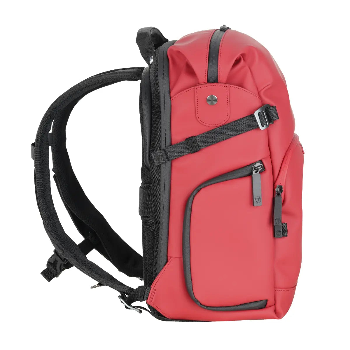 Red backpack with black straps on a white background