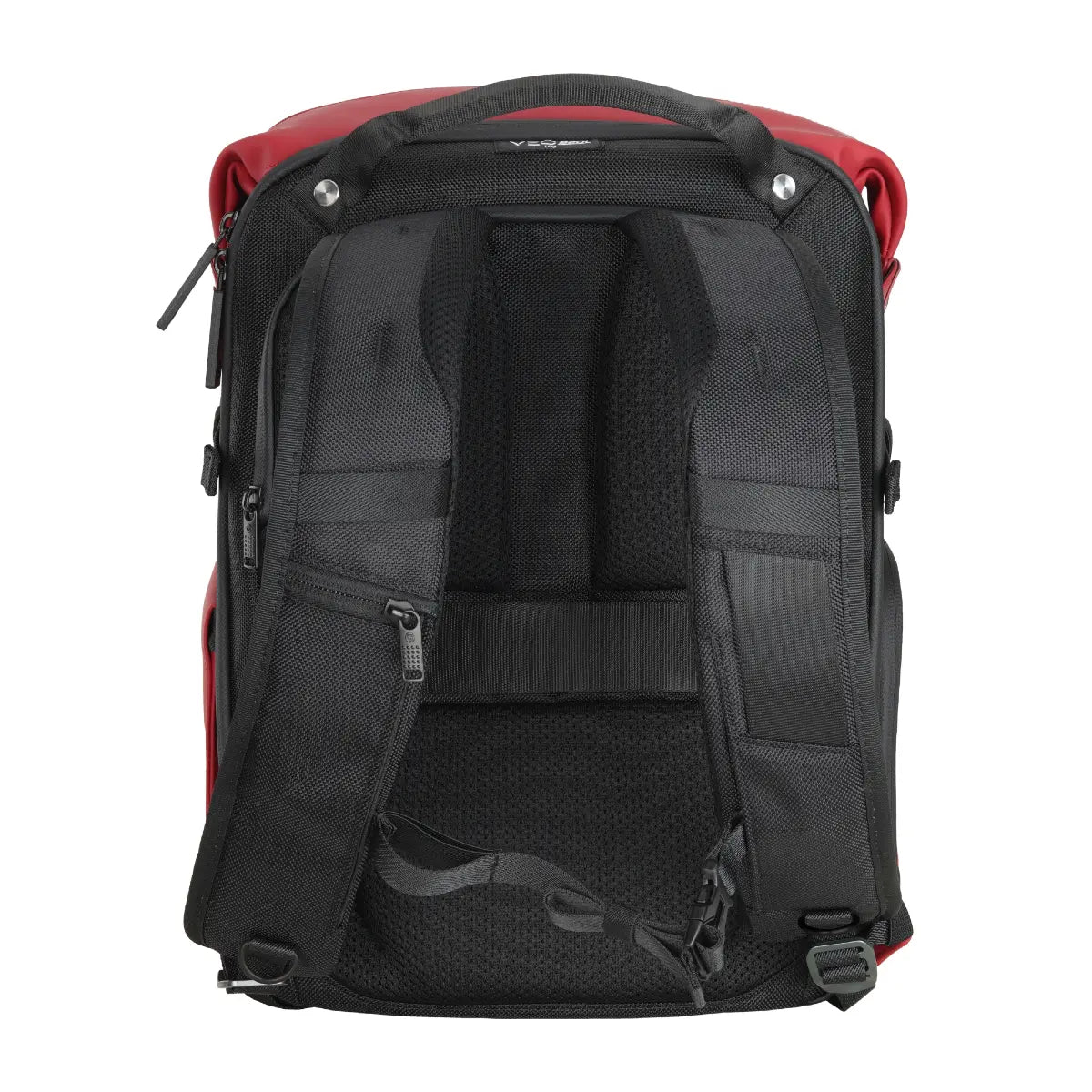 Back view of a black and red backpack on a white background