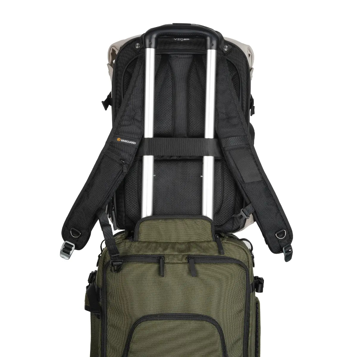 Green backpack with rolling mechanism on a white background