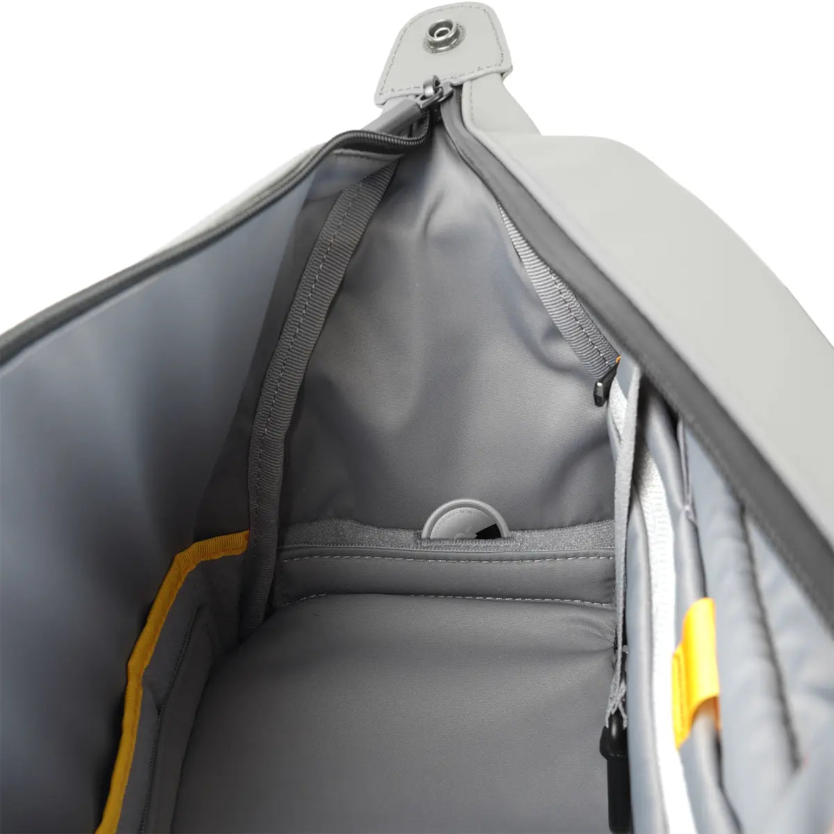 Gray backpack with yellow accents on a white background