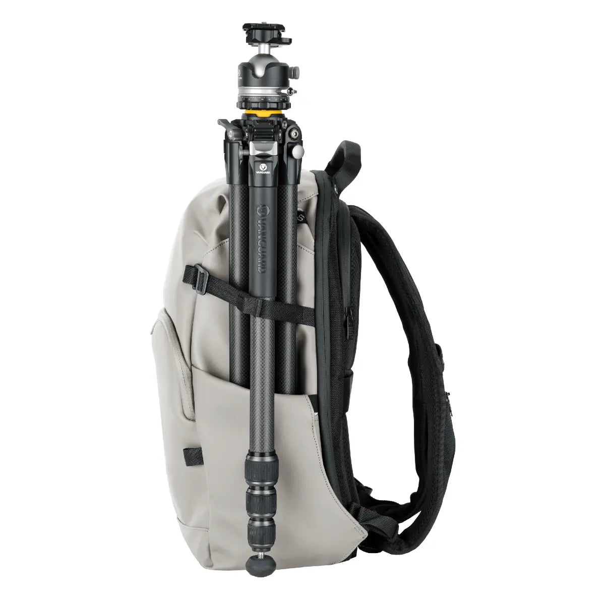 Camera backpack with a tripod attached on a white background