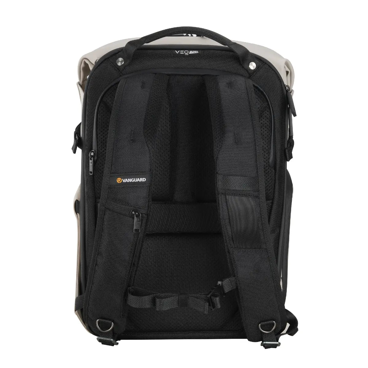 Black backpack with visible brand logo on a white background