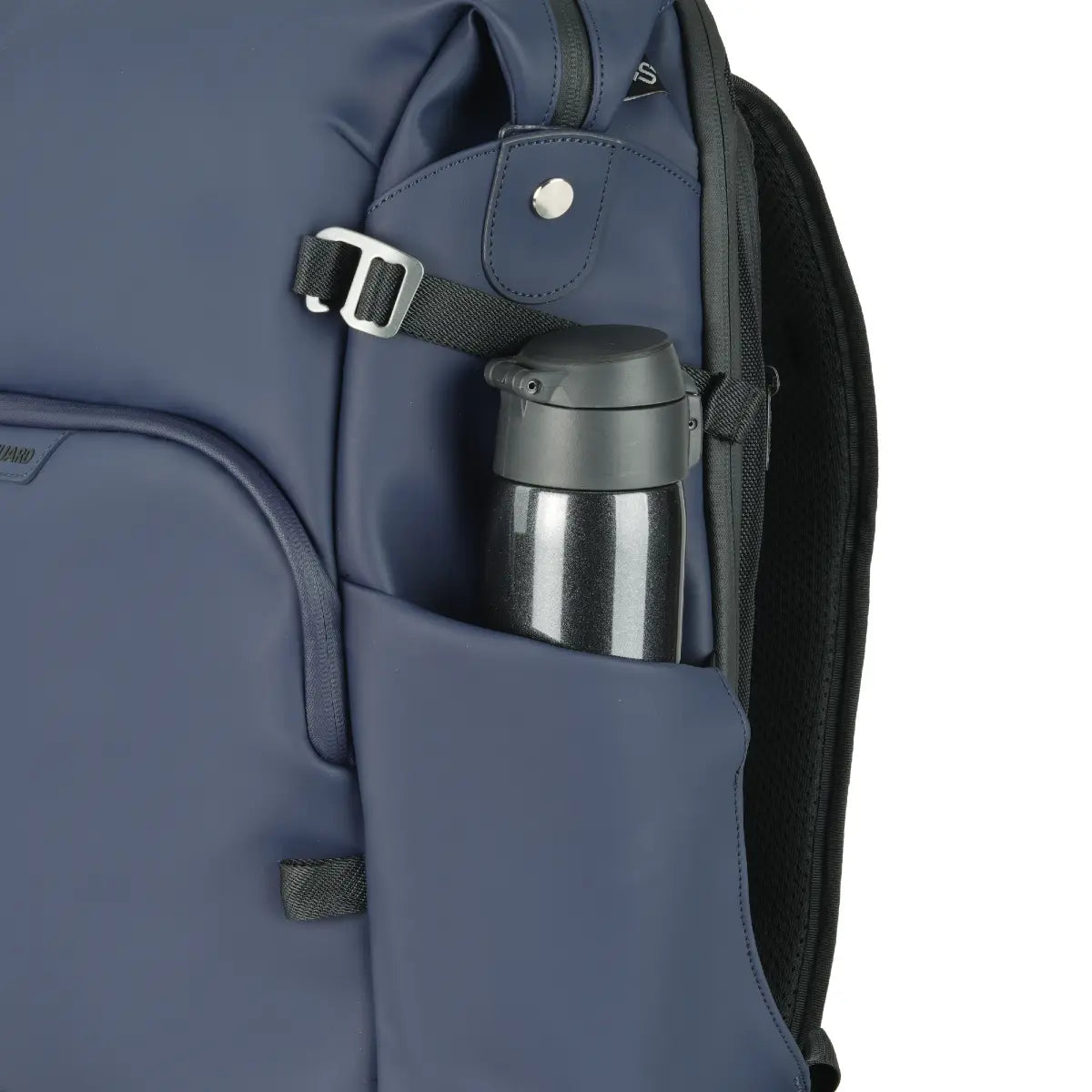 Blue backpack with a thermos in a side pocket on a white background
