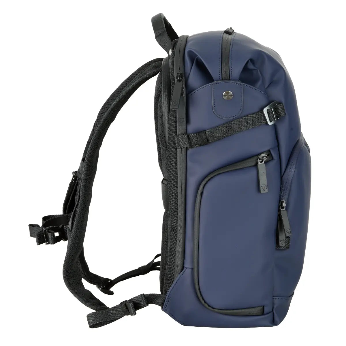 Blue backpack with black straps on a white background