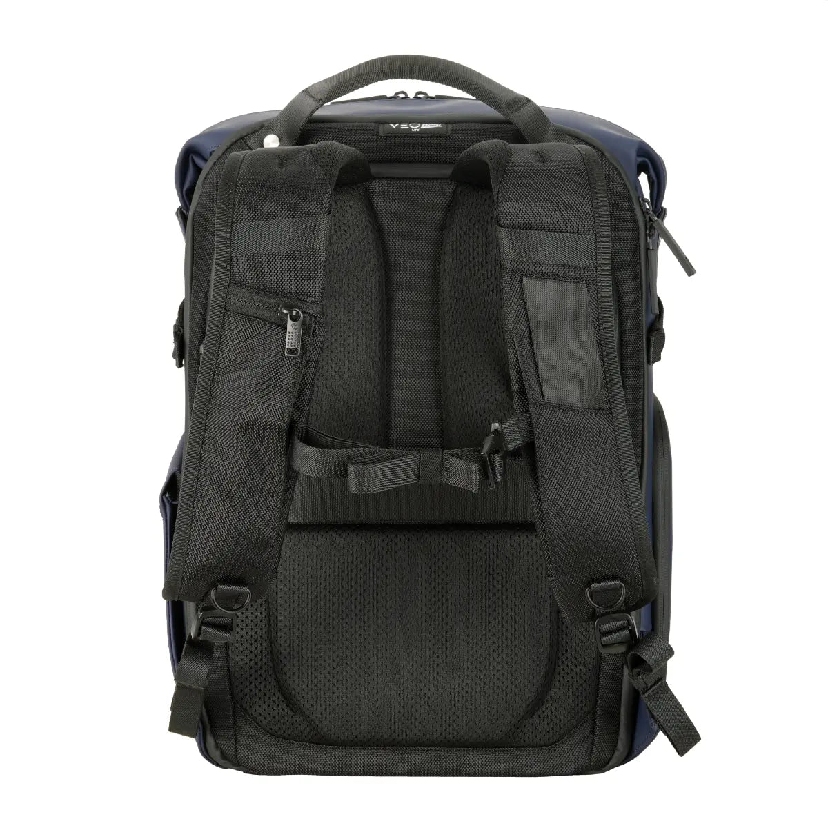 Black backpack with multiple compartments and straps on a white background