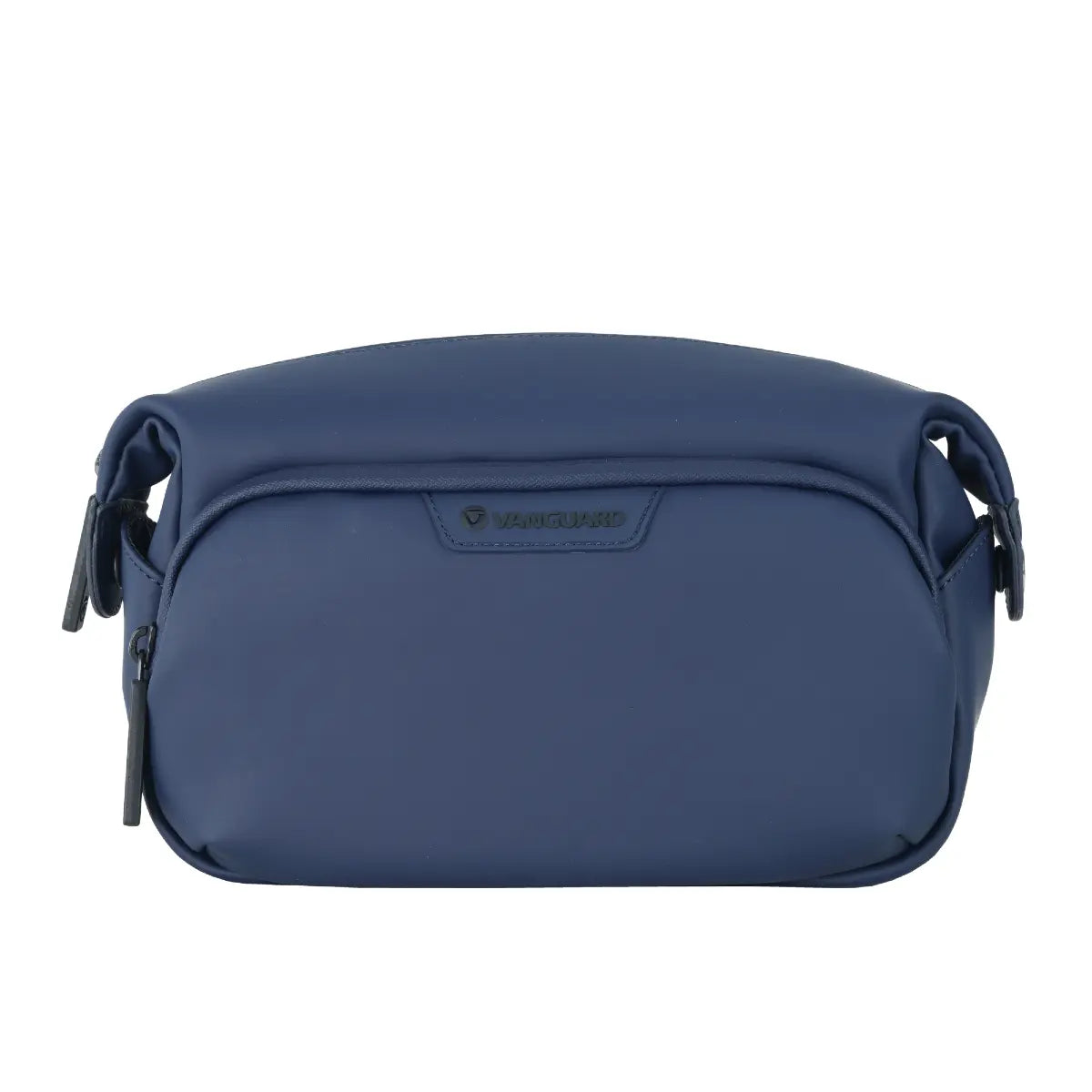 Blue toiletry bag with a visible brand logo on a white background
