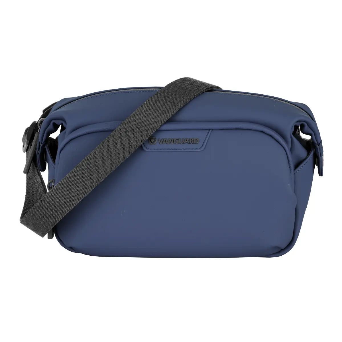Blue shoulder bag with a black strap on a white background