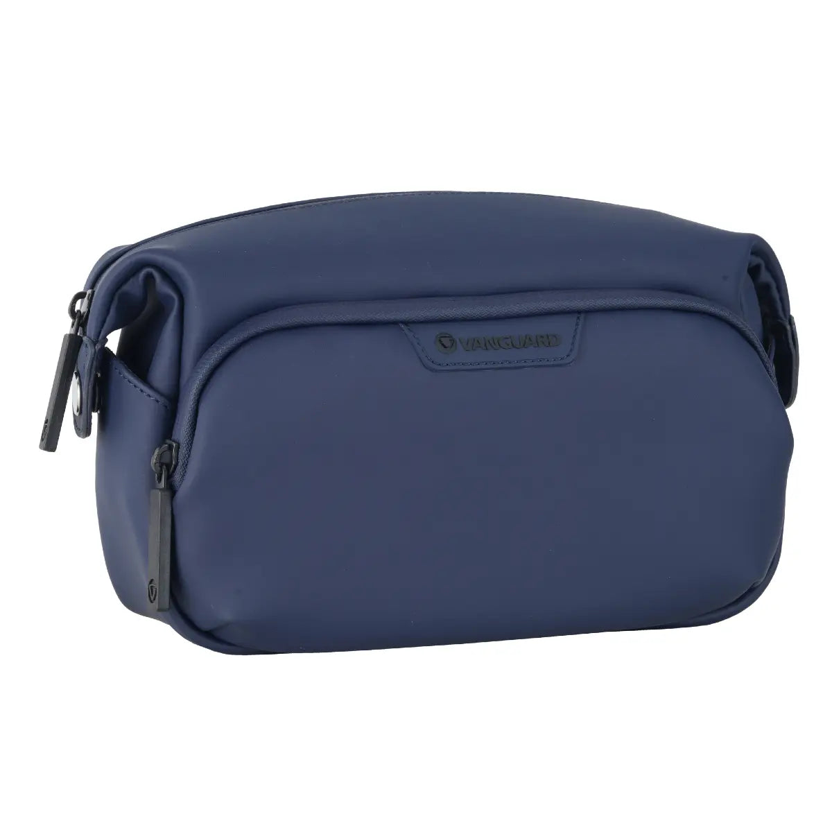 Blue toiletry bag with a visible brand logo on a white background