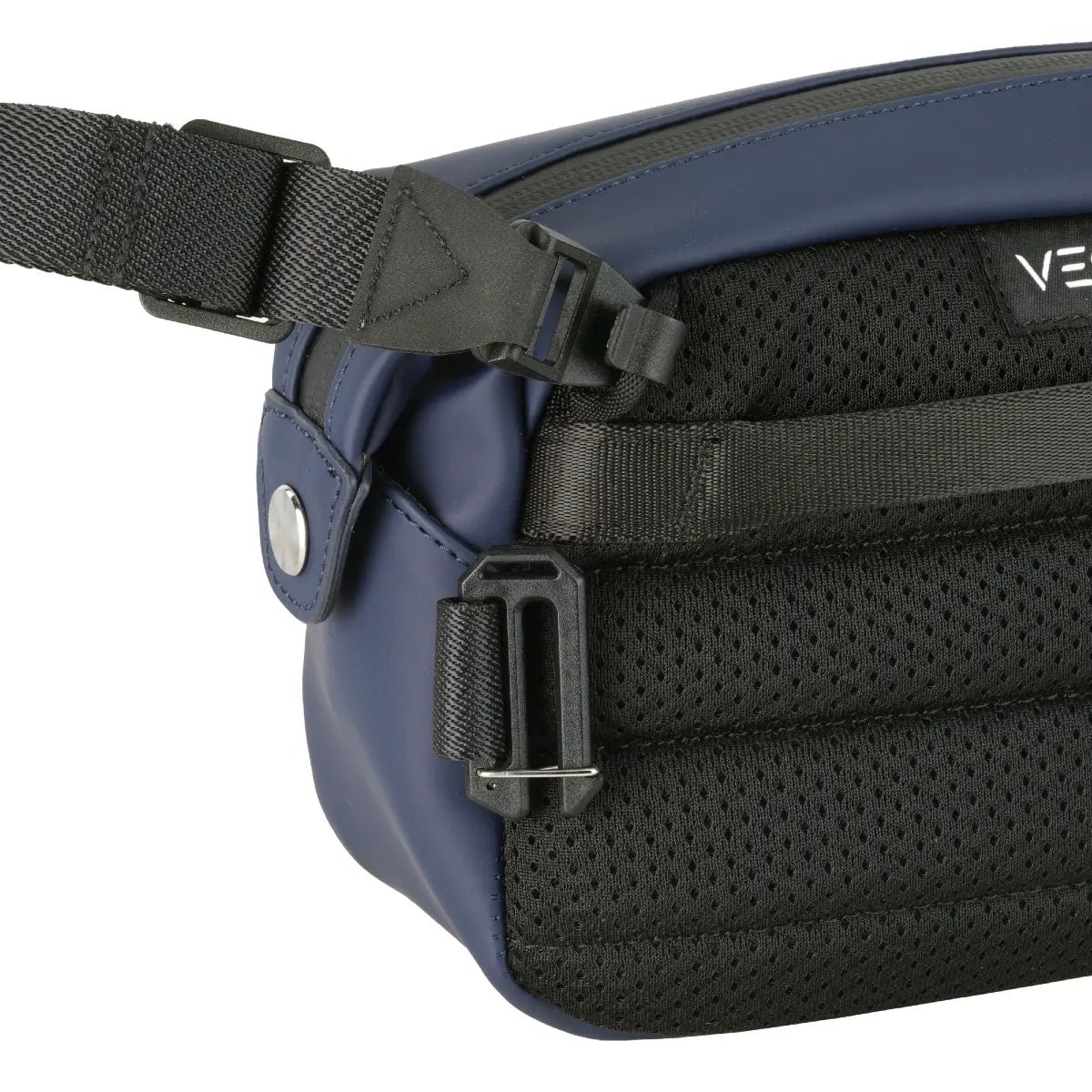 Blue and black waist bag with a visible brand logo on a white background