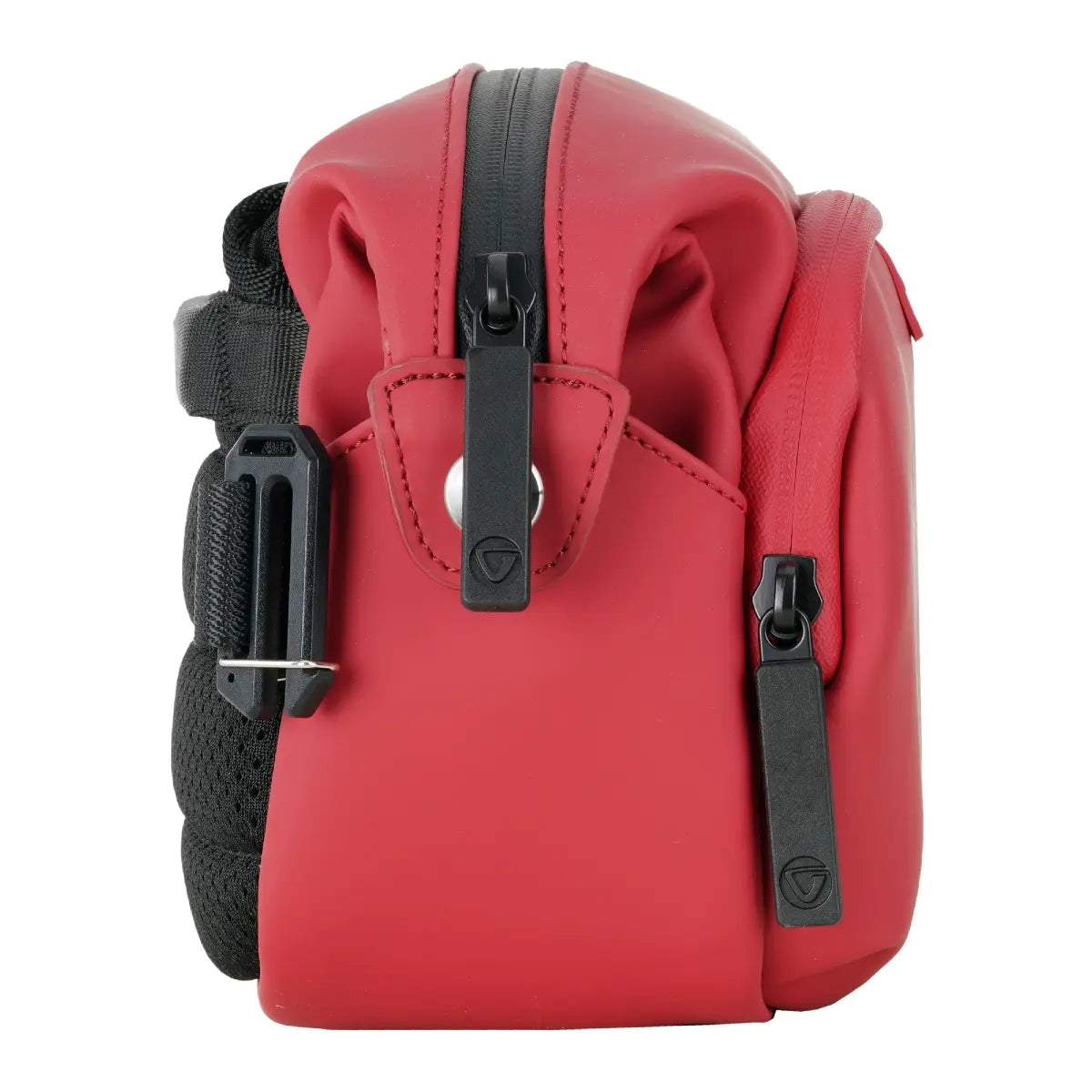 Red bag with black zippers and straps on a white background