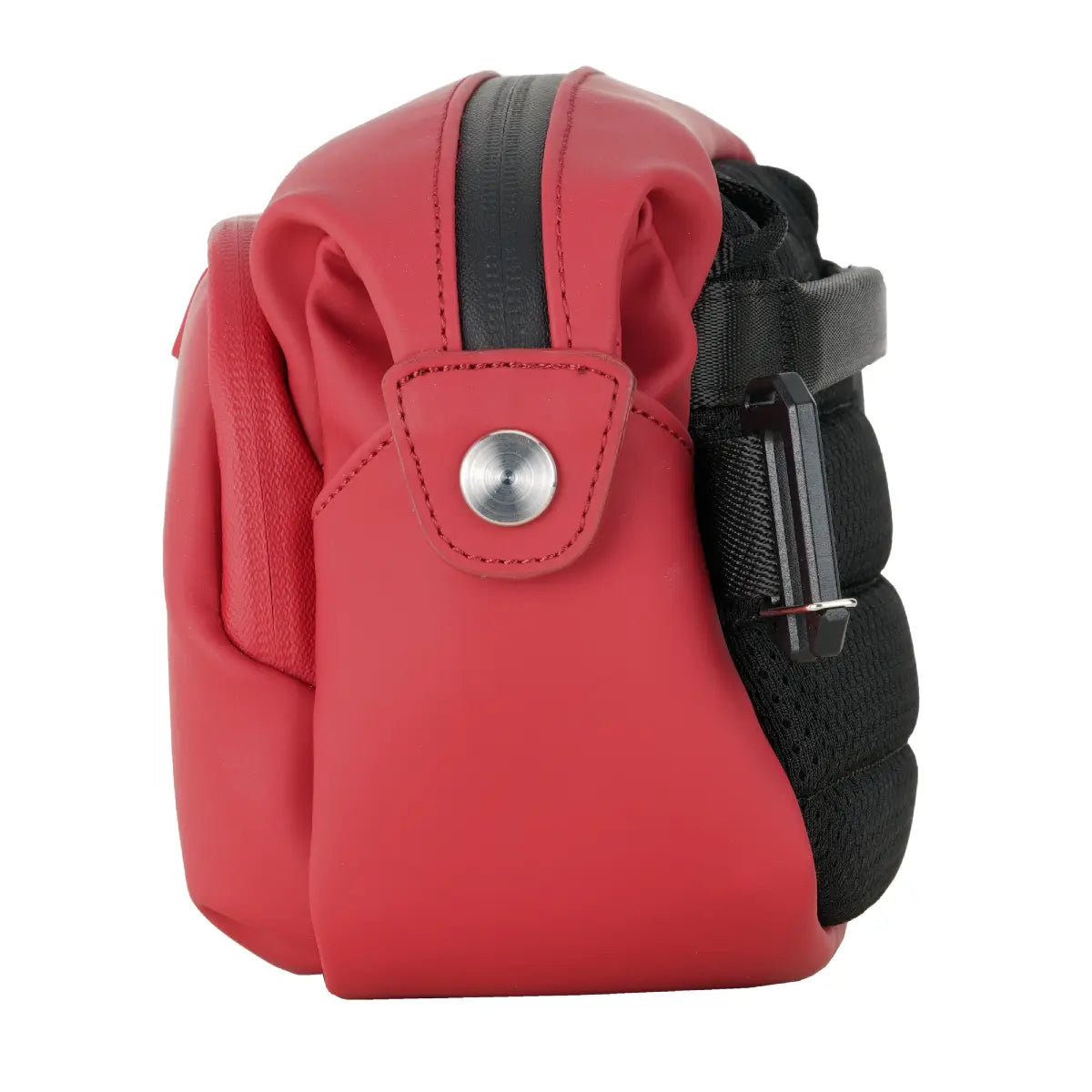 Red pouch with a black strap on a white background