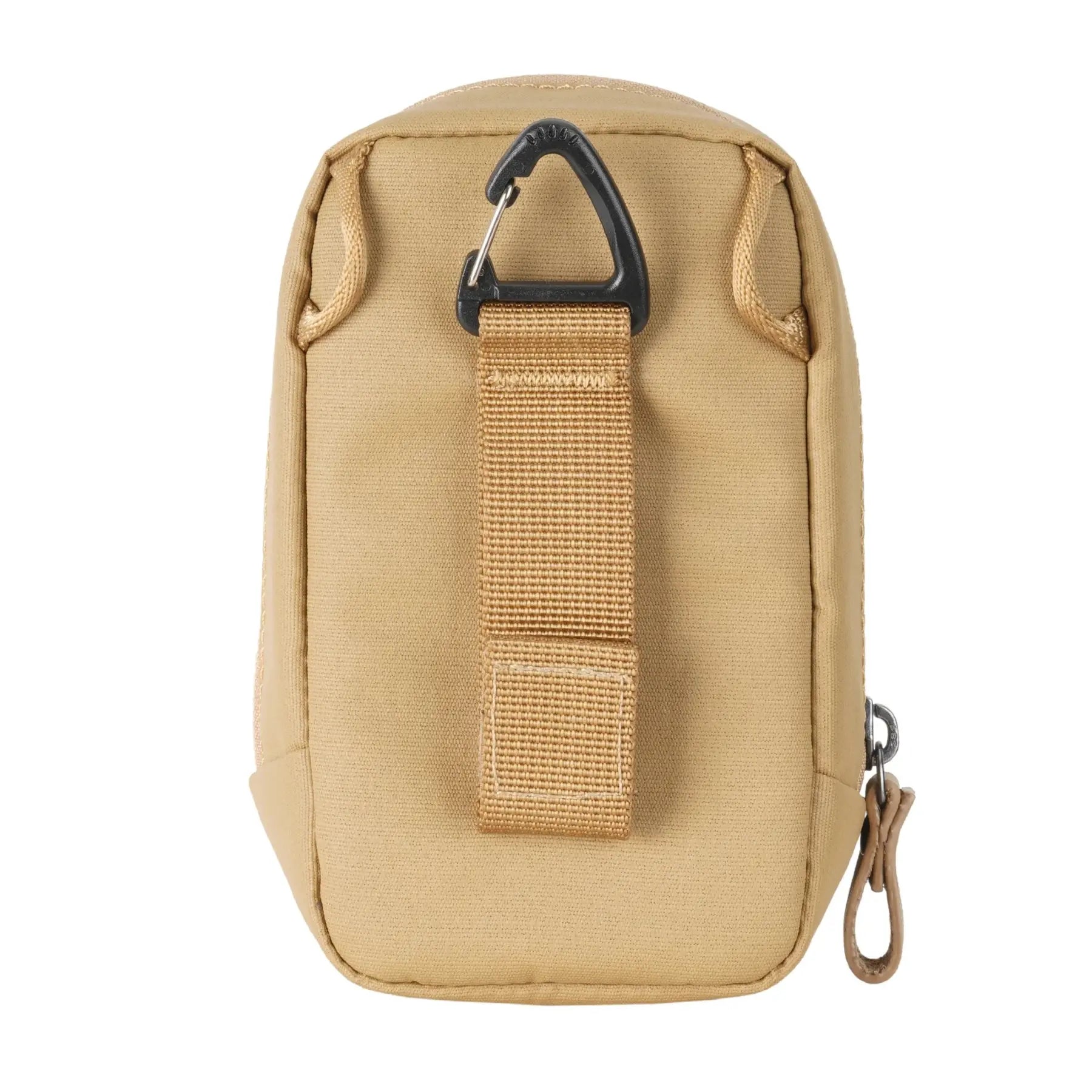 Tan utility pouch with a carabiner on a white background