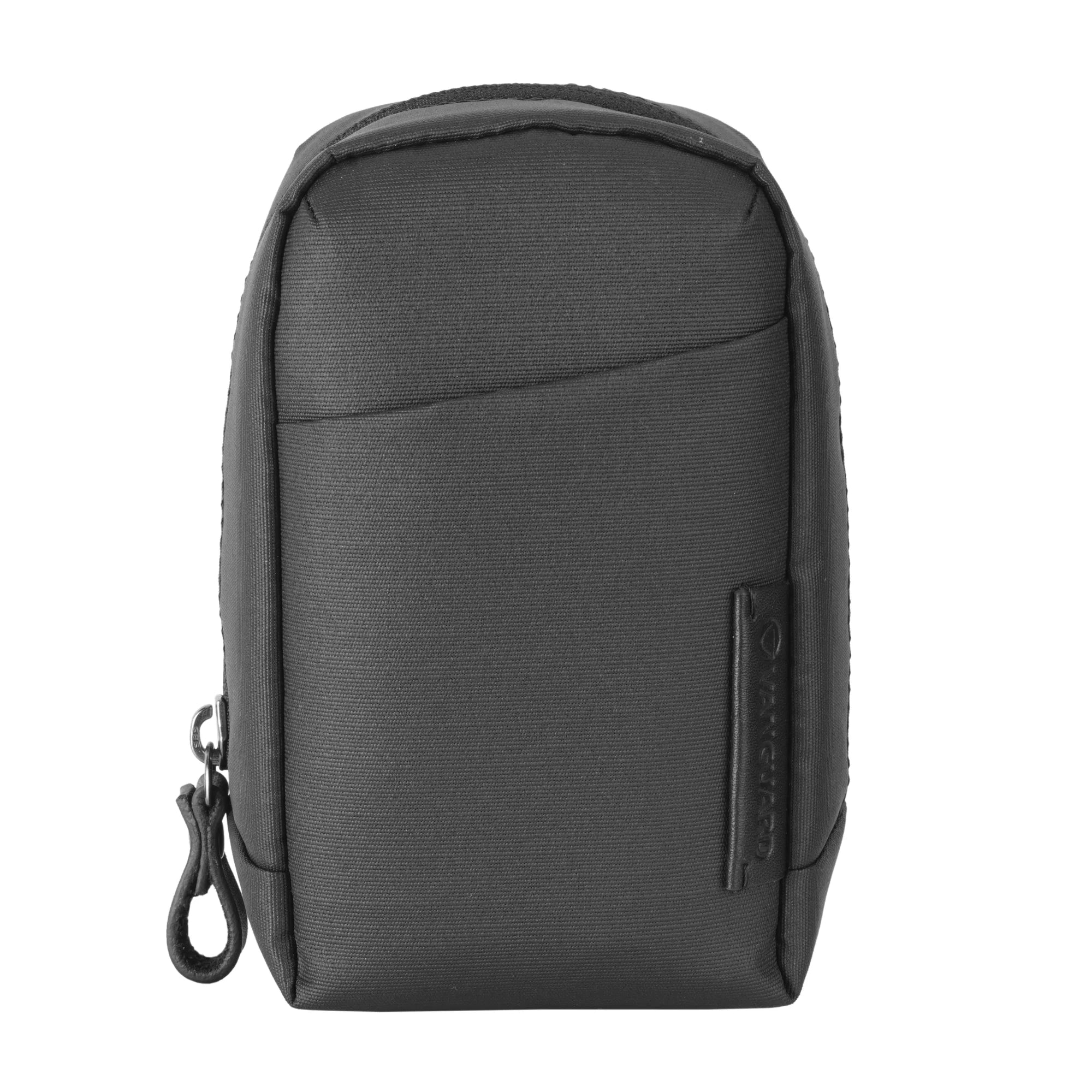 Black backpack with a visible brand logo on a white background