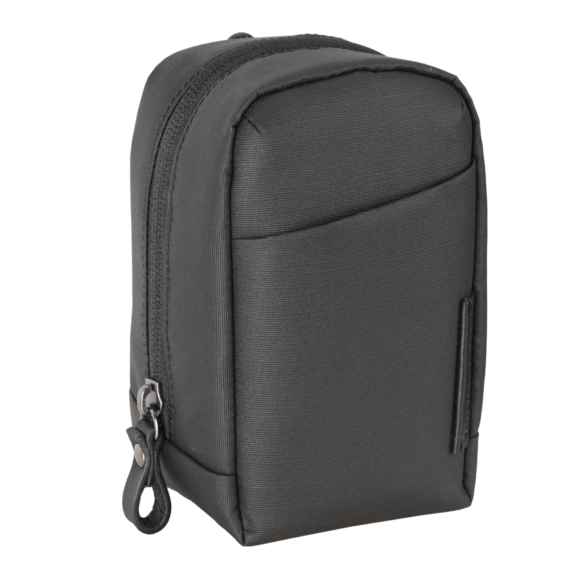 Black pouch with a zipper on a white background