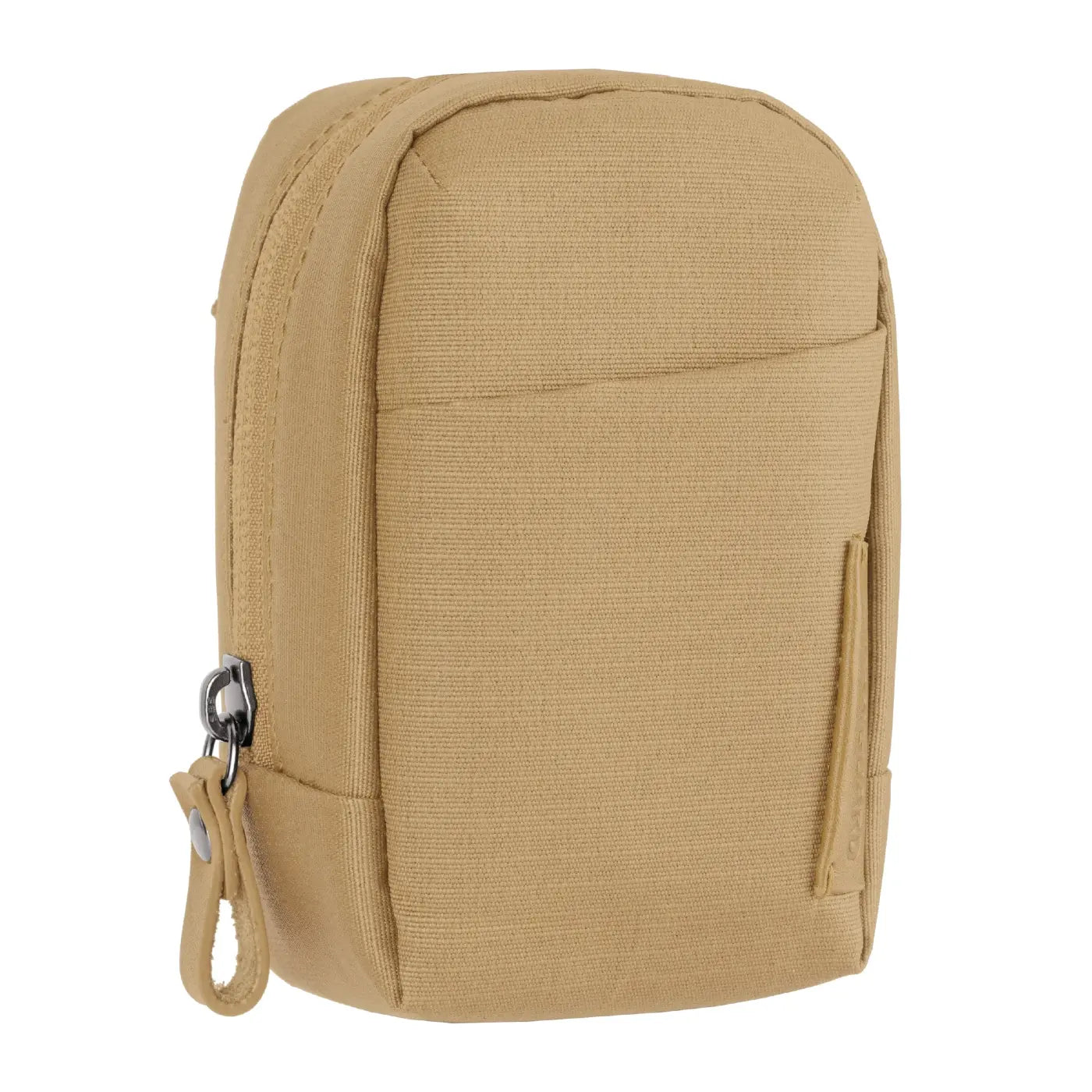 Tan tactical pouch with a carabiner on a white background
