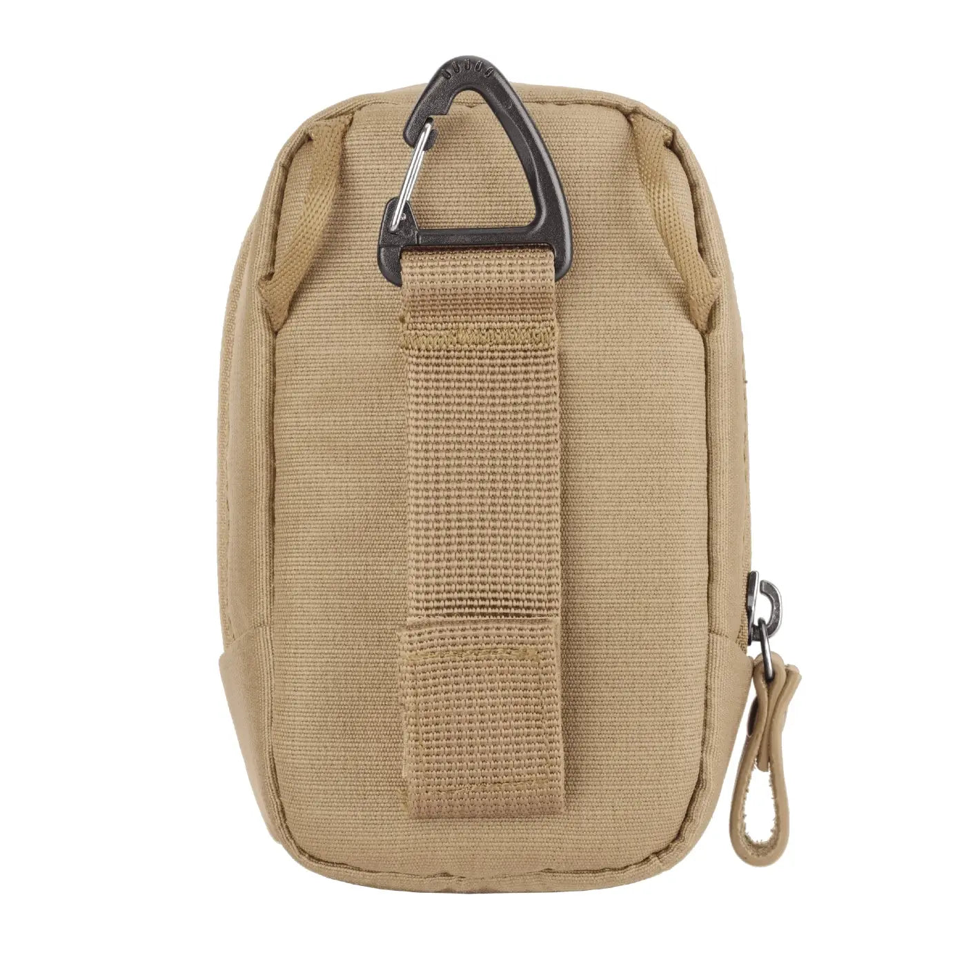 Tan tactical pouch with a carabiner on a white background