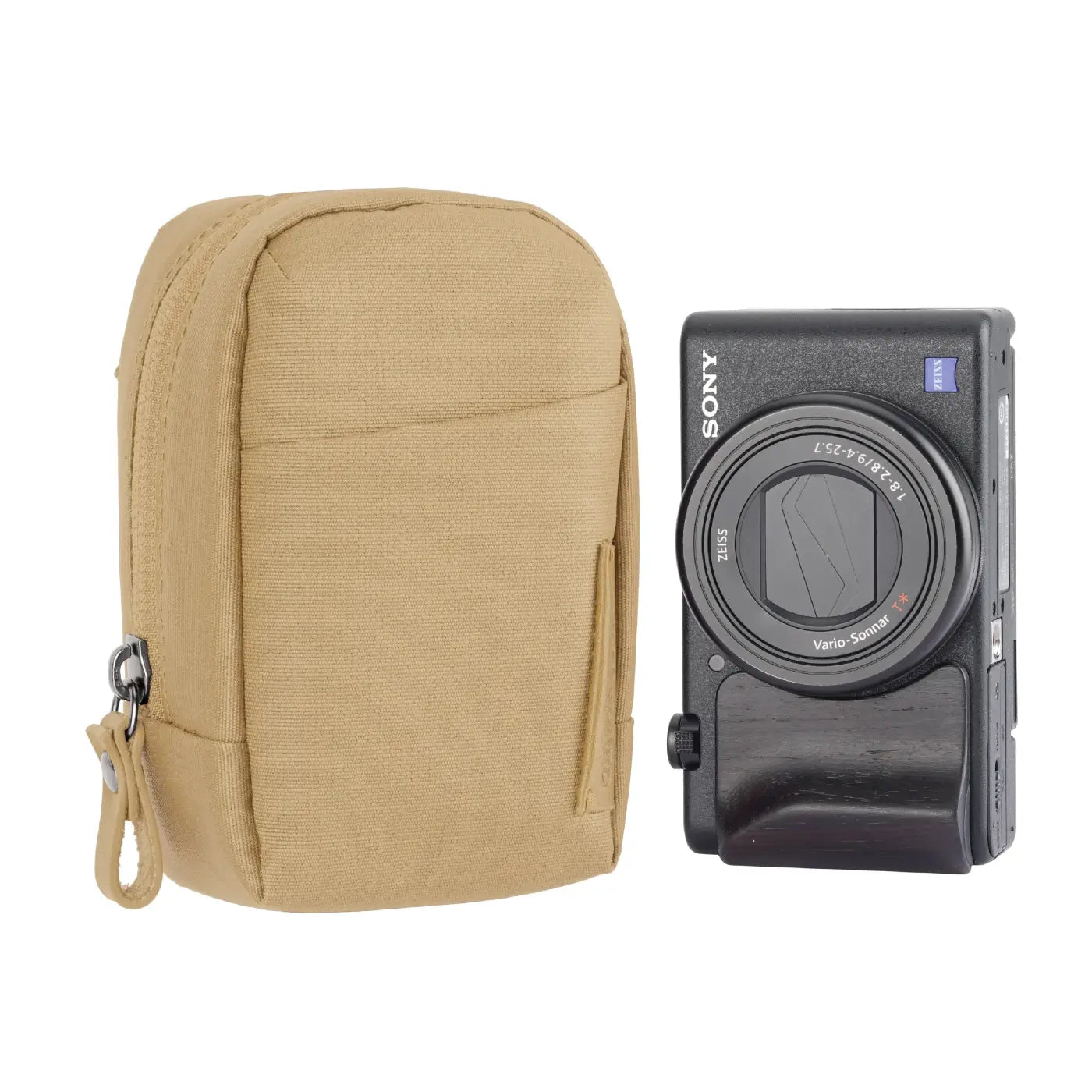 Tan camera case and Sony camera on a white background