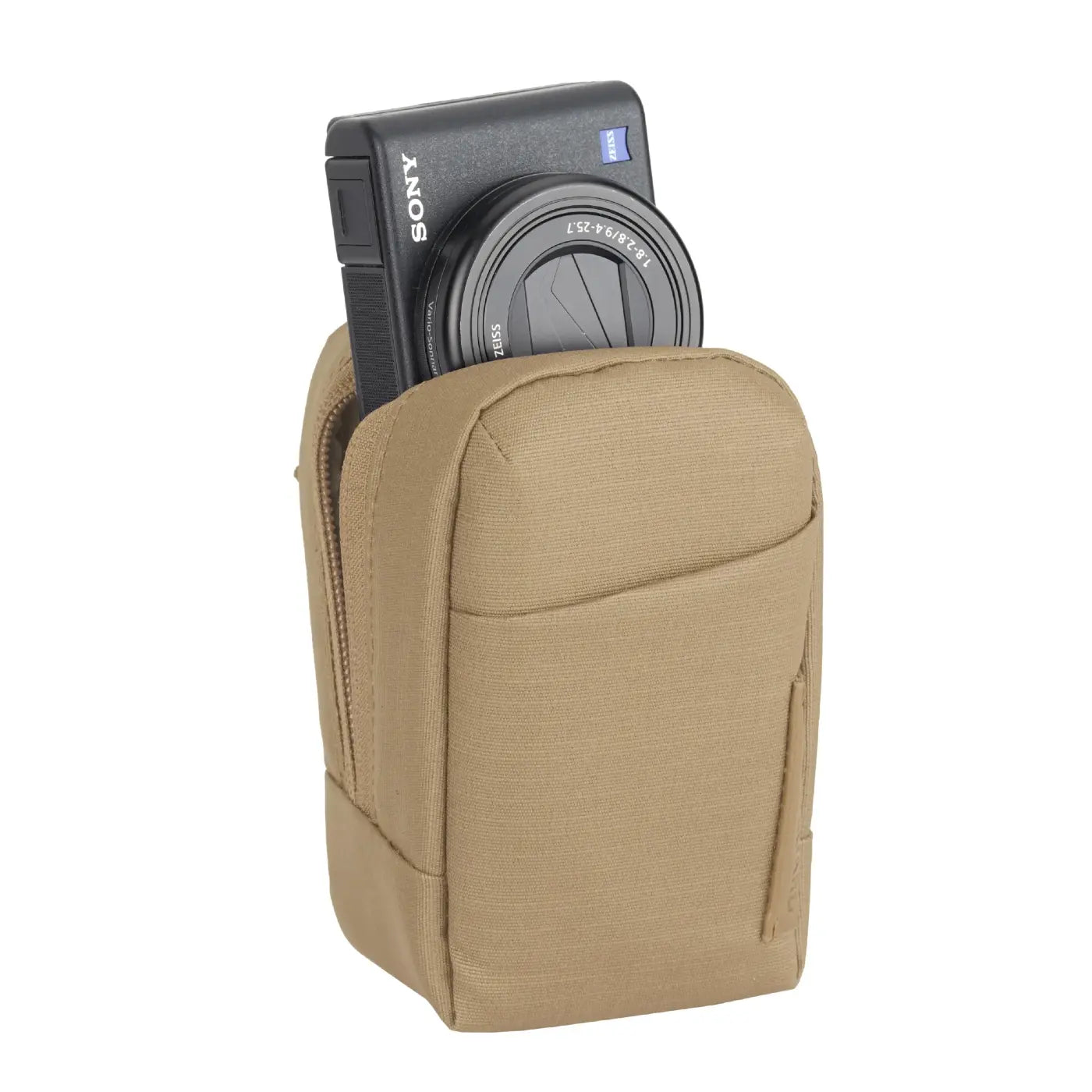 Camecorder in a beige pouch on a white background