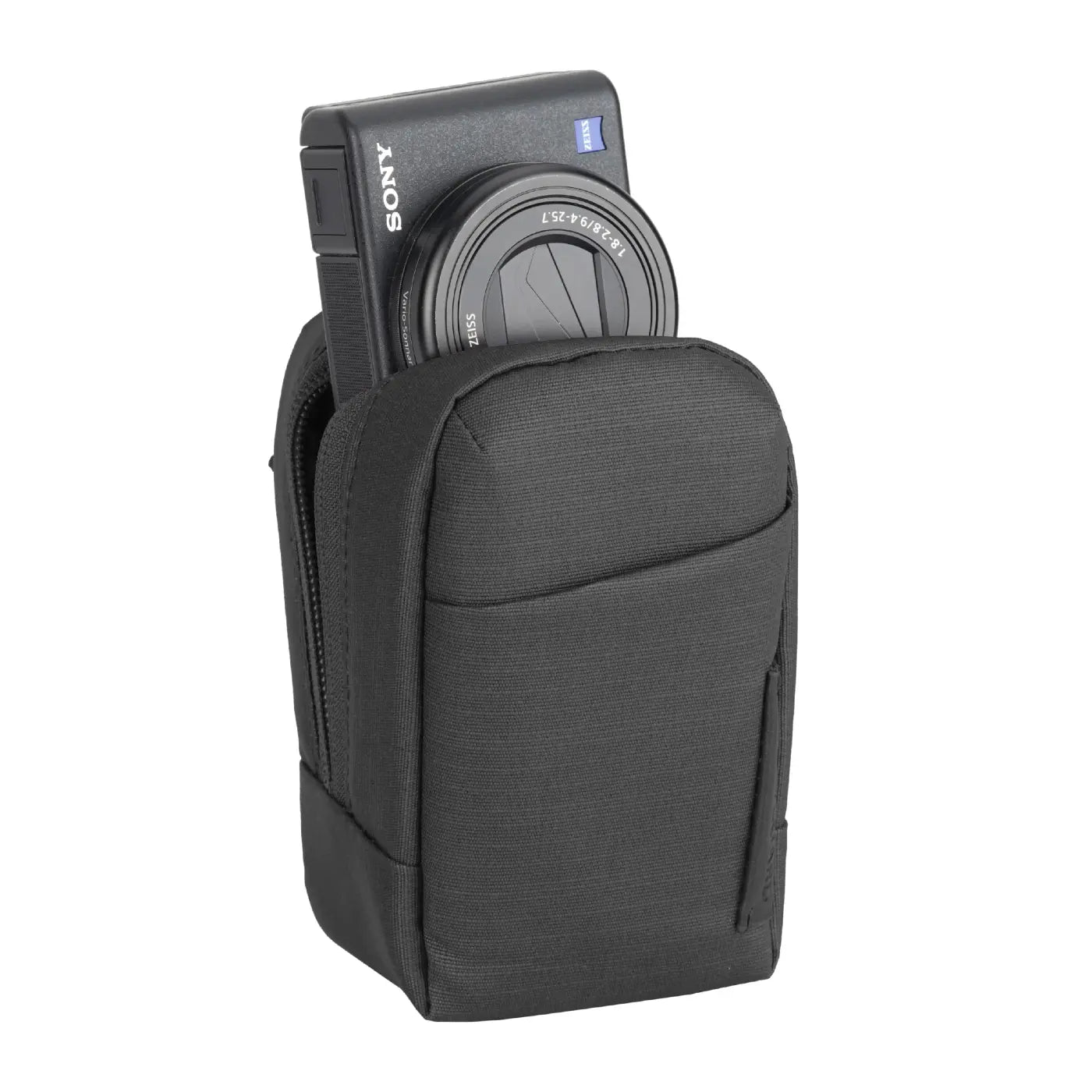 Black camera case with a Sony camera inside on a white background