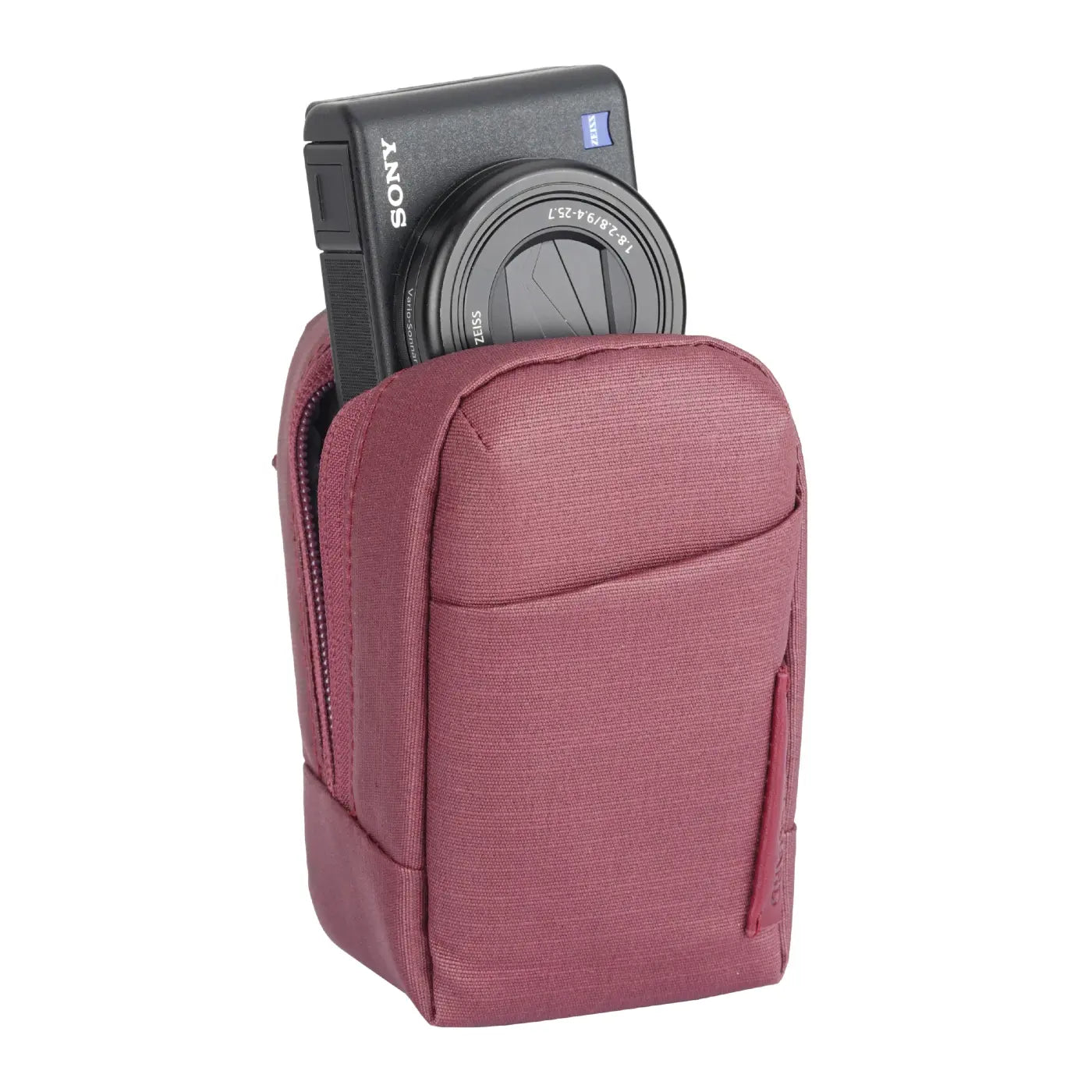 Pink camera case with a Sony camera inside on a white background