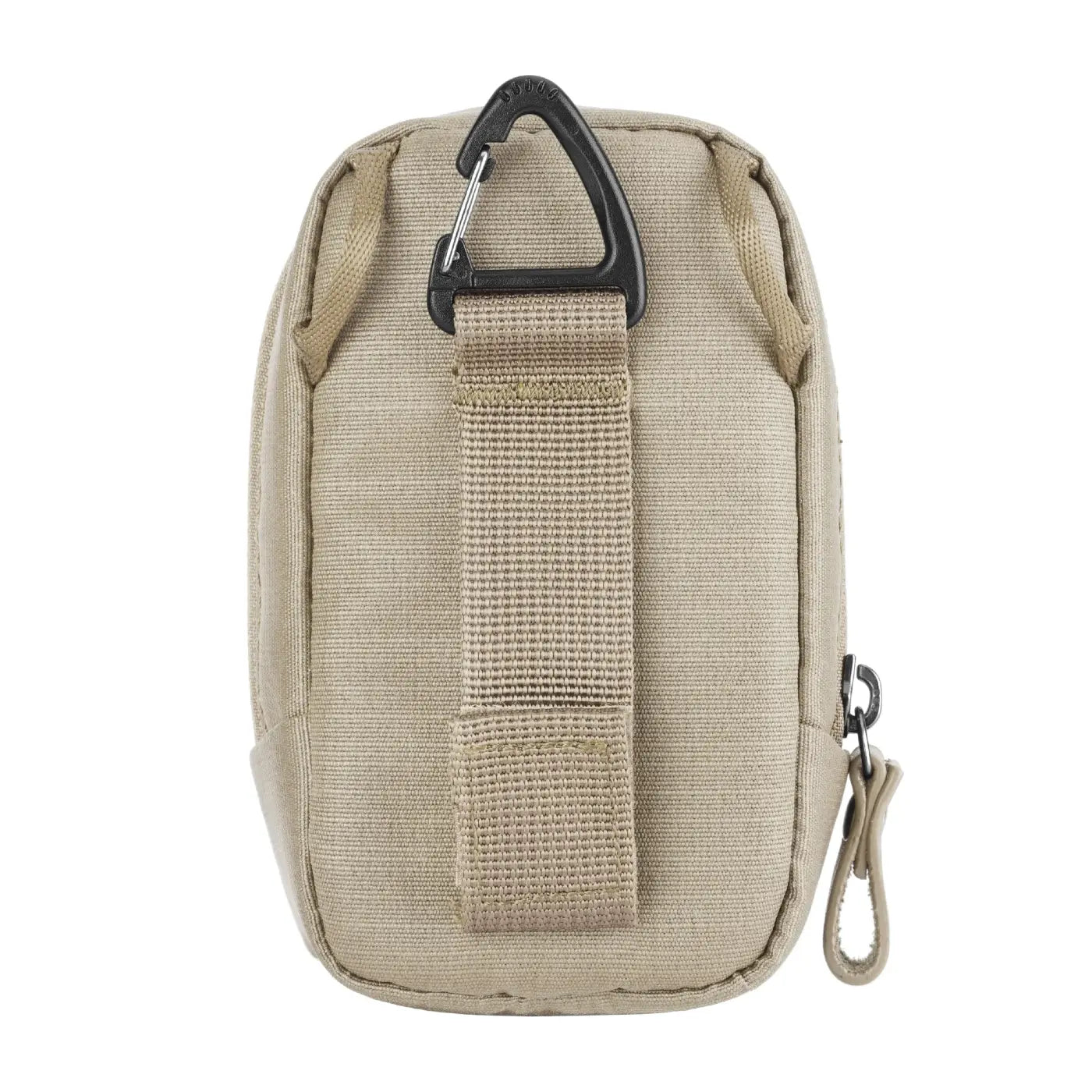 Beige tactical pouch with a carabiner on a white background