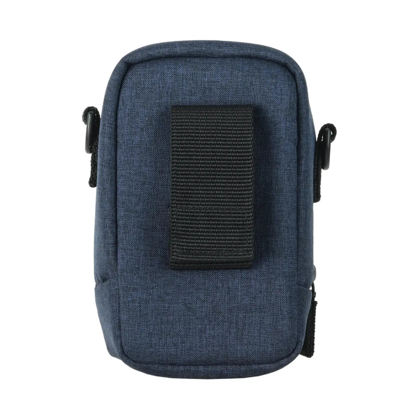 Blue pouch with a black patch on a white background