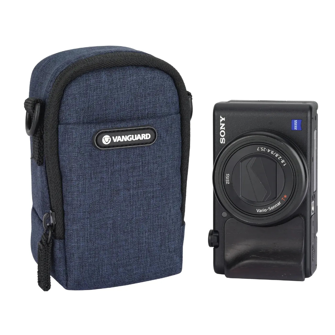 Blue camera case with Vanguard logo next to a black Sony camera on a white background