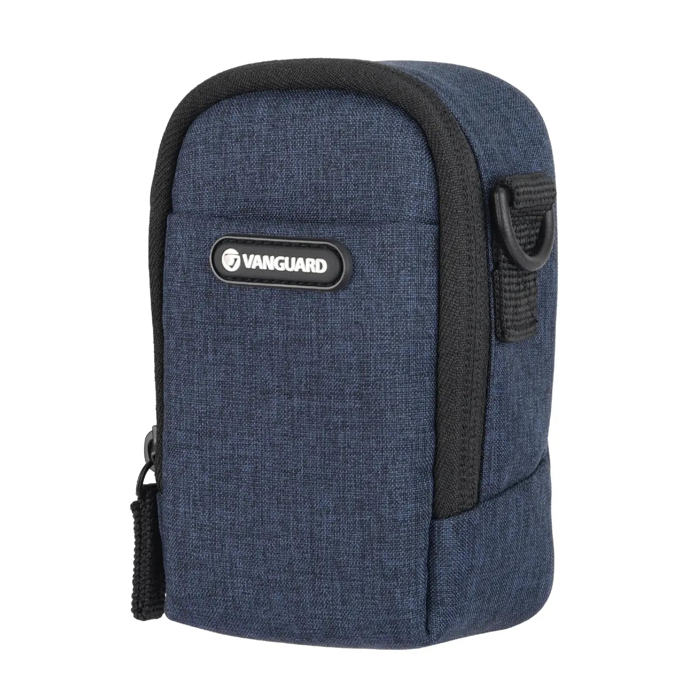 Blue camera case with black trim and Vanguard logo on a white background