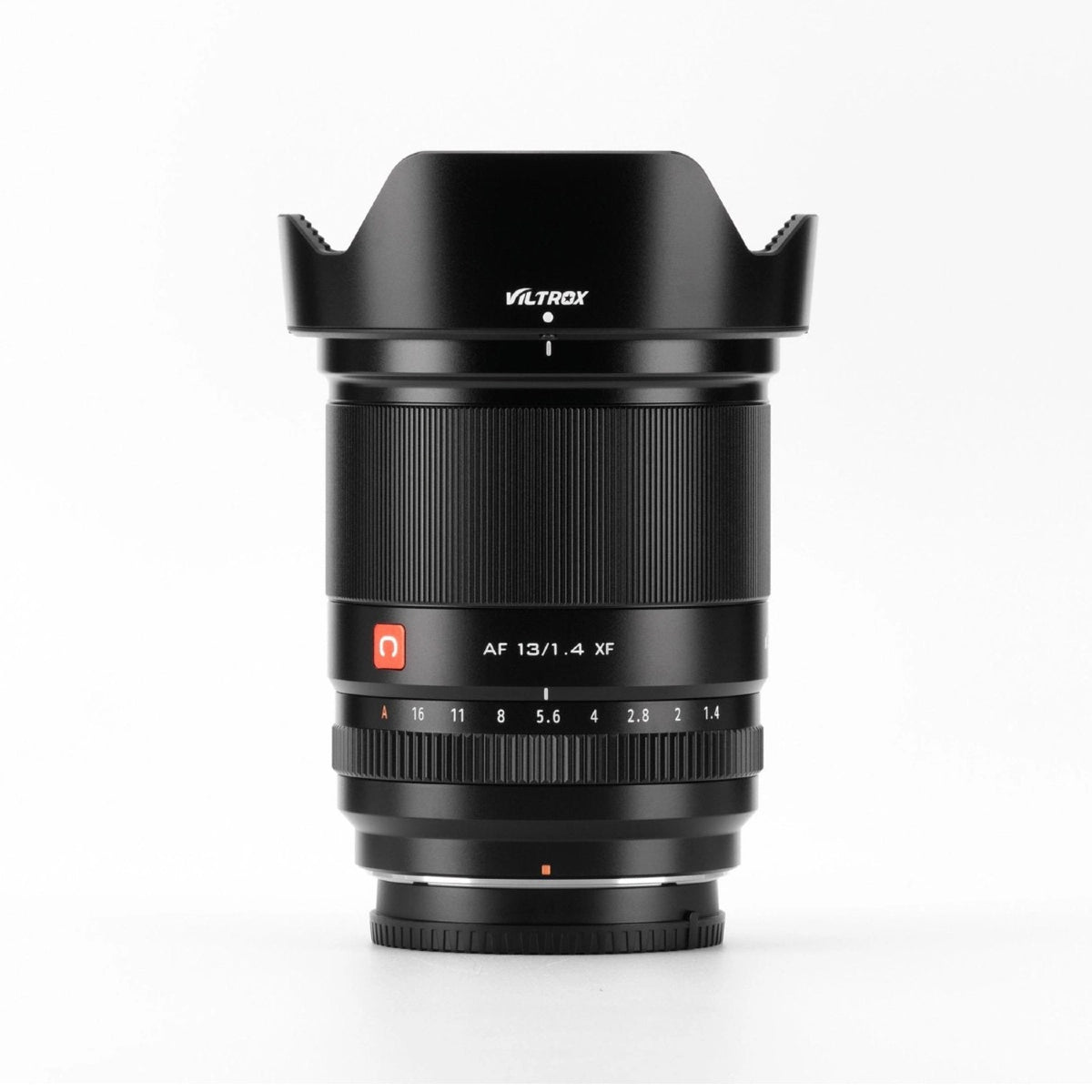 Viltrox 13mm F1.4 AF Fuji X Mount Lens top angle with lens hood attached