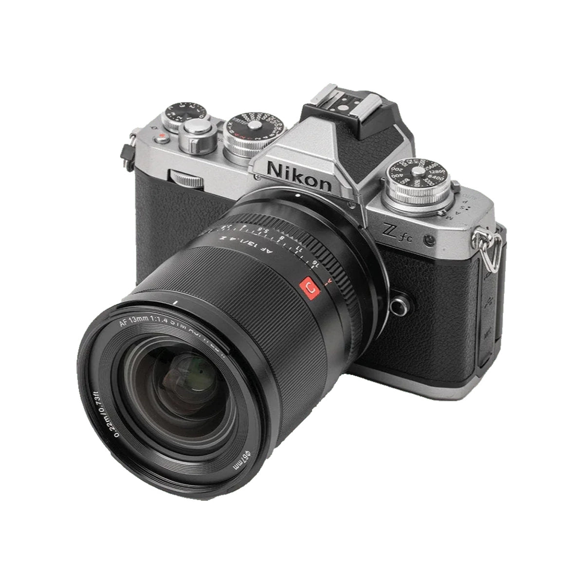 Viltrox 13mm F1.4 AF Nikon Z Mount Lens front angle on camera
