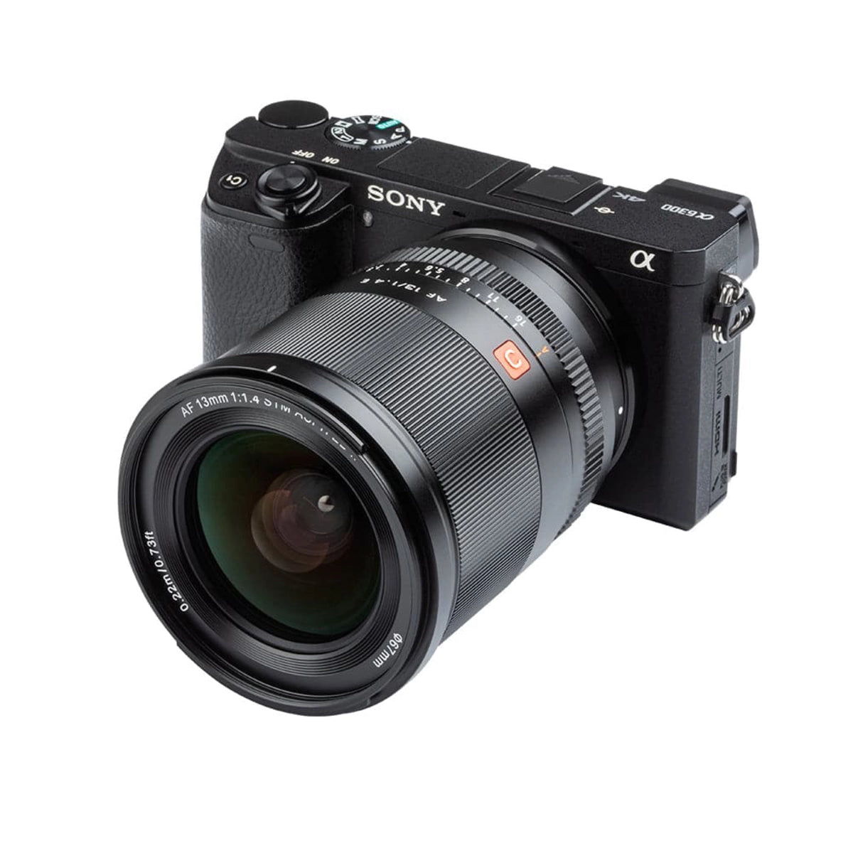Viltrox 13mm F1.4 AF Sony E Mount Lens front angle on camera