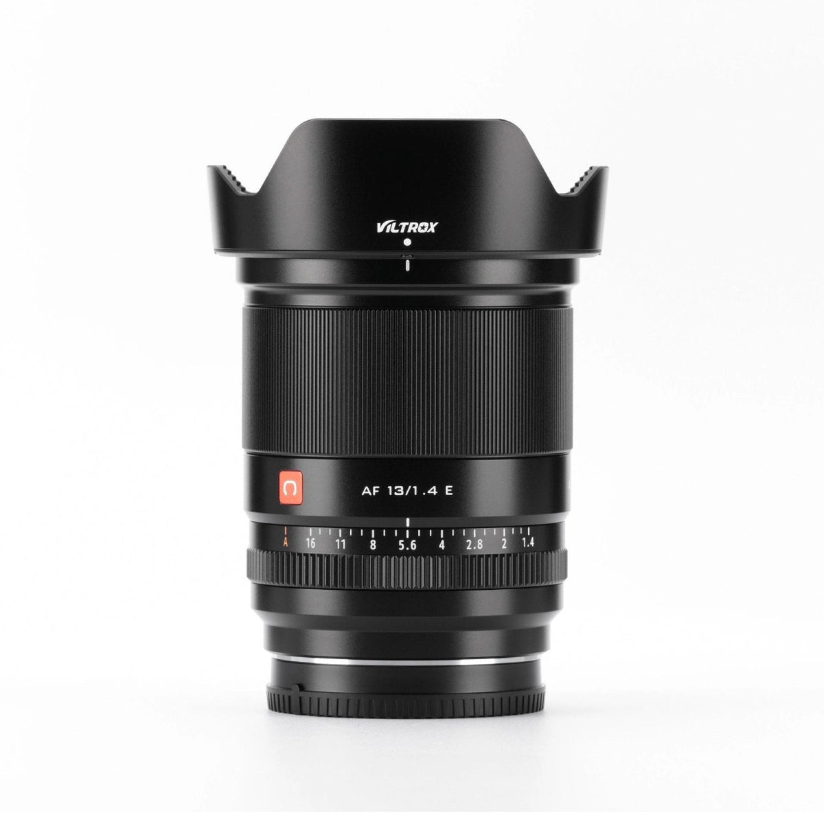Viltrox 13mm F1.4 AF Sony E Mount Lens top angle with lens hood