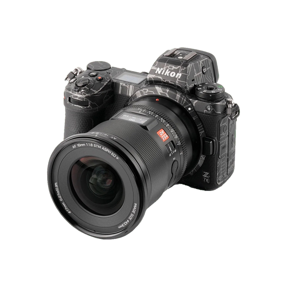 Viltrox 16mm f1.8 nikon z lens front angle with camera