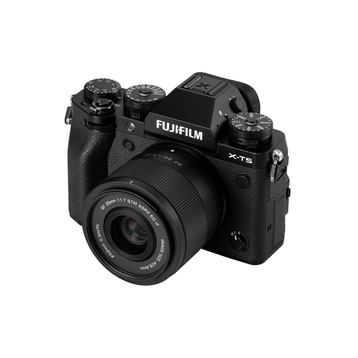 Viltrox AF 25mm F1.7 Lens - Fujifilm XF Mount side angle on camera