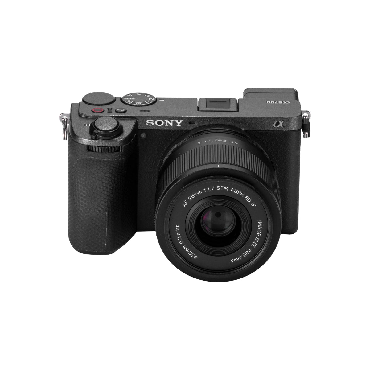 Viltrox AF 25mm F1.7 Lens - Sony E Mount front angle on camera