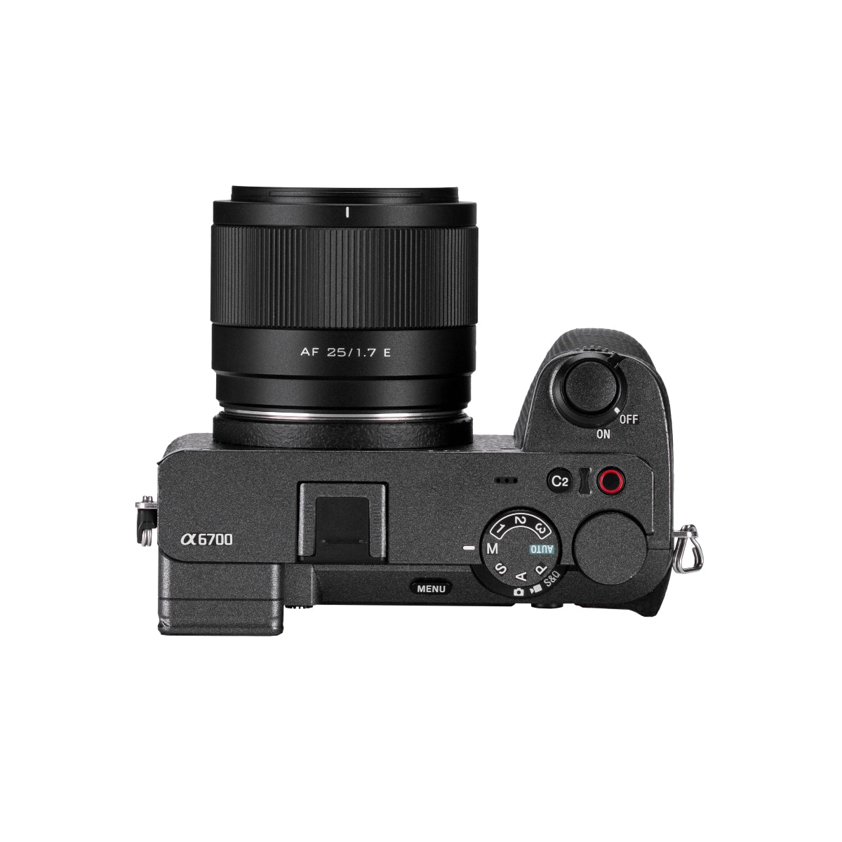 Viltrox AF 25mm F1.7 Lens - Sony E Mount top angle on camera