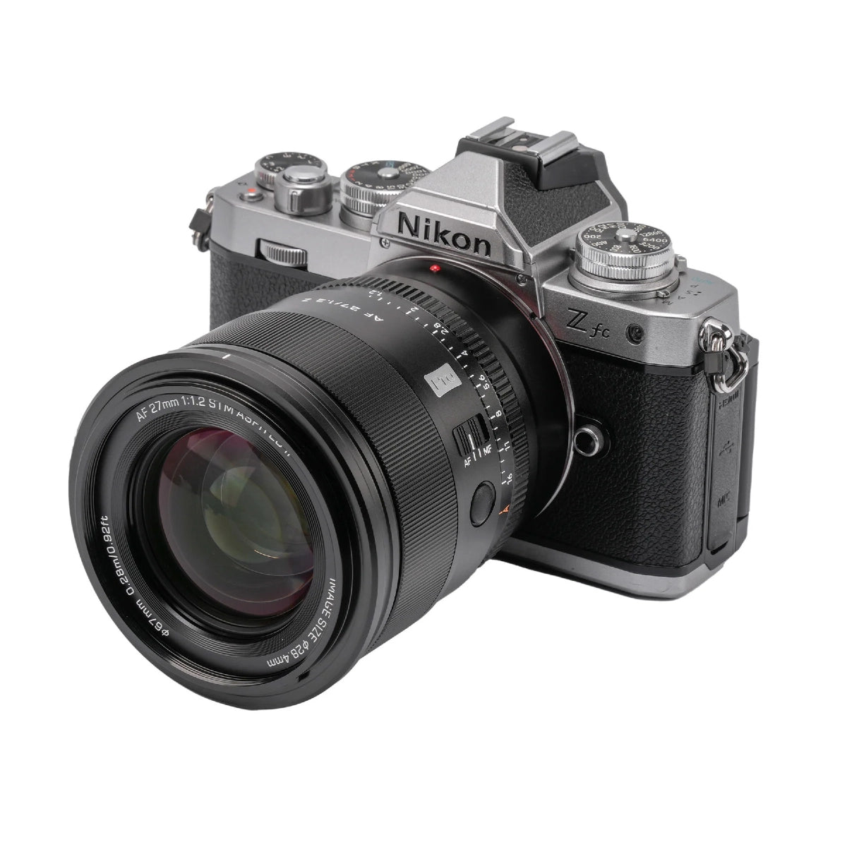 Viltrox AF 27mm F1.2 Lens - Nikon Z Mount front angle on camera
