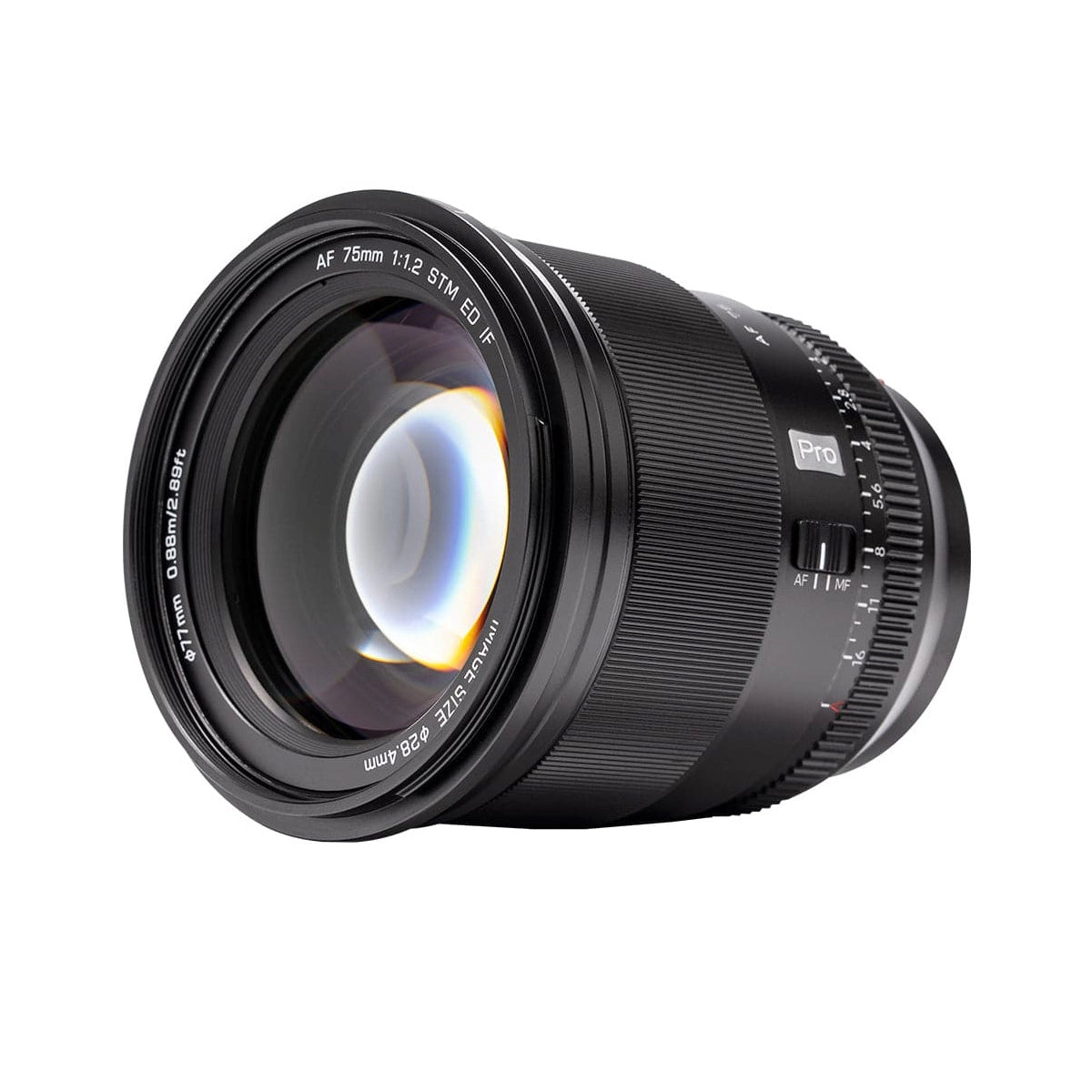 Viltrox AF 75mm F1.2 XF lens - Fujifilm front angle from right side