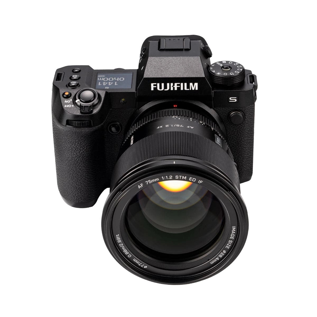 Viltrox AF 75mm F1.2 XF lens - Fujifilm front angle from above attached to camera