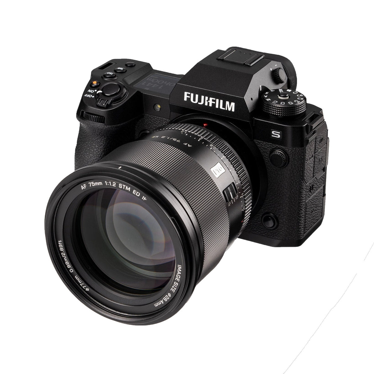 Viltrox AF 75mm F1.2 XF lens - Fujifilm side angle on camera