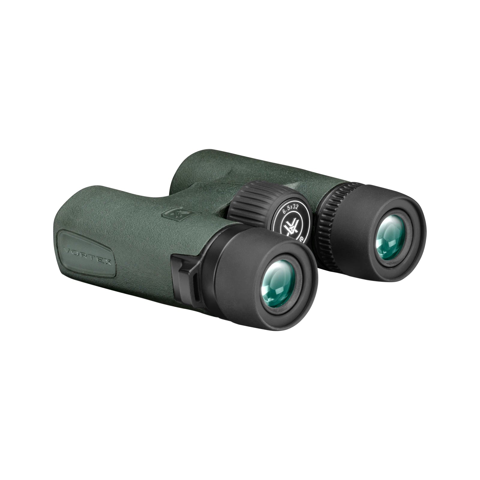 A pair of Vortex binoculars in forest green and black, shown at a three-quarter angle on a solid white background.