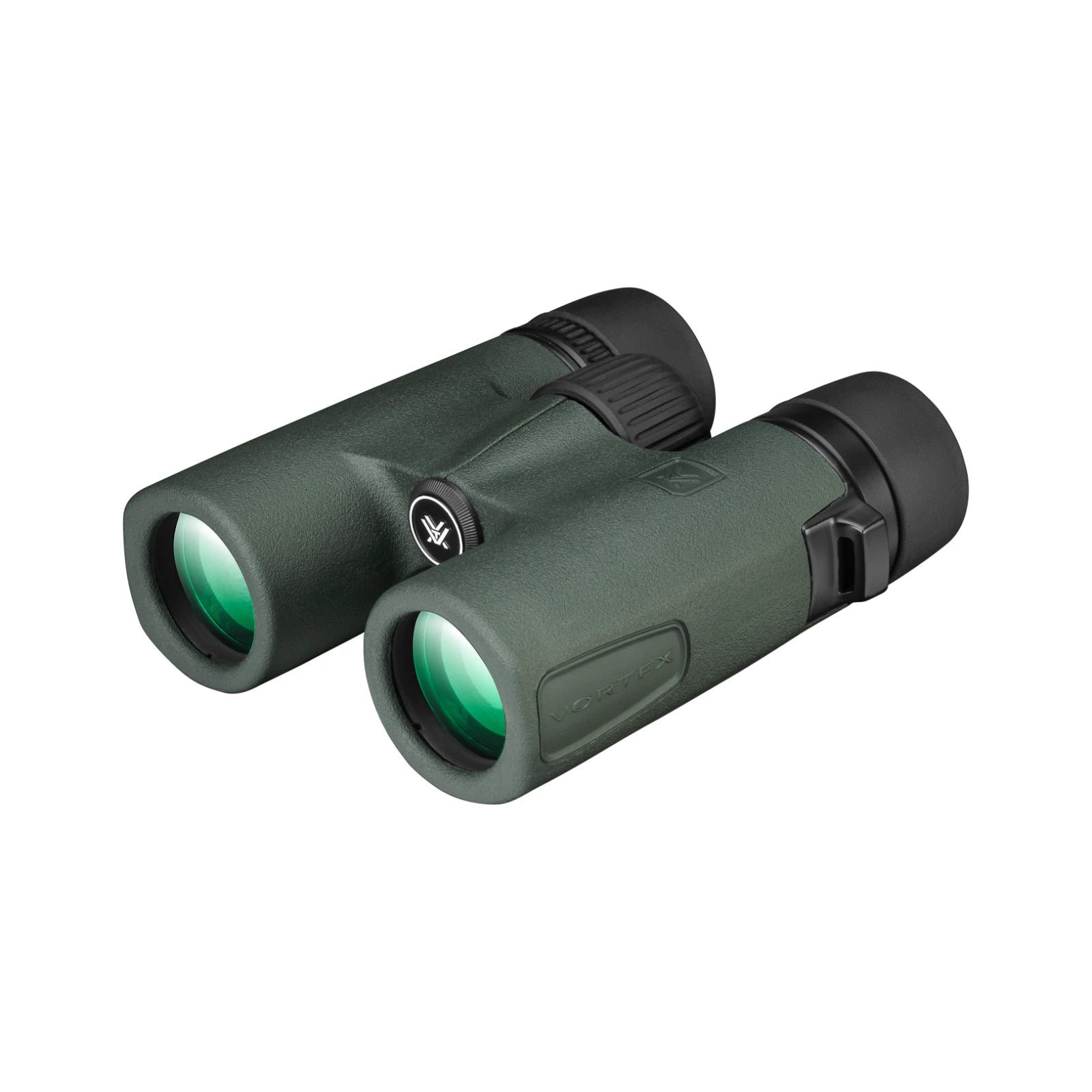 A pair of green binoculars with black rubberized accents, shown on a plain white background.