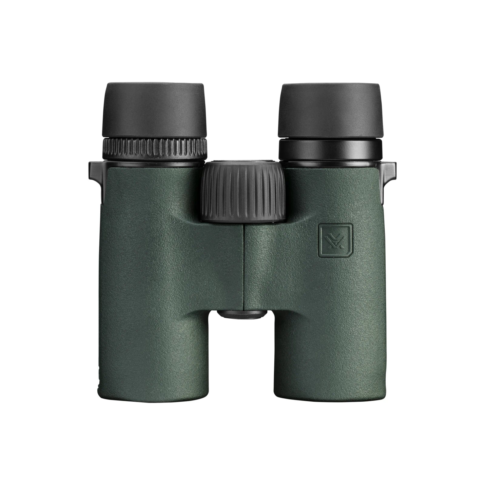 A pair of Vortex binoculars in forest green with black eyecups and central focus wheel, shown against a solid white background.